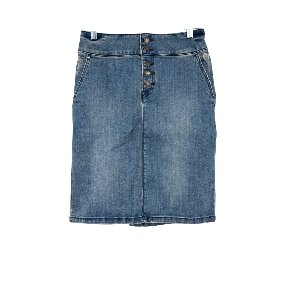 Prana Denim Skirt Women's 0 Blue Button Fly Distressed‎ Knee Length